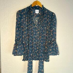 NEW Revolve Misa Blue Sheer Top Girly Feminine Coquette Girly Floral Neck Tie